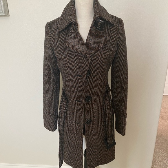 Vintage Giacca Brown & Black Tweed Belted Single Breasted Wool Trench Coat XS - Picture 1 of 12